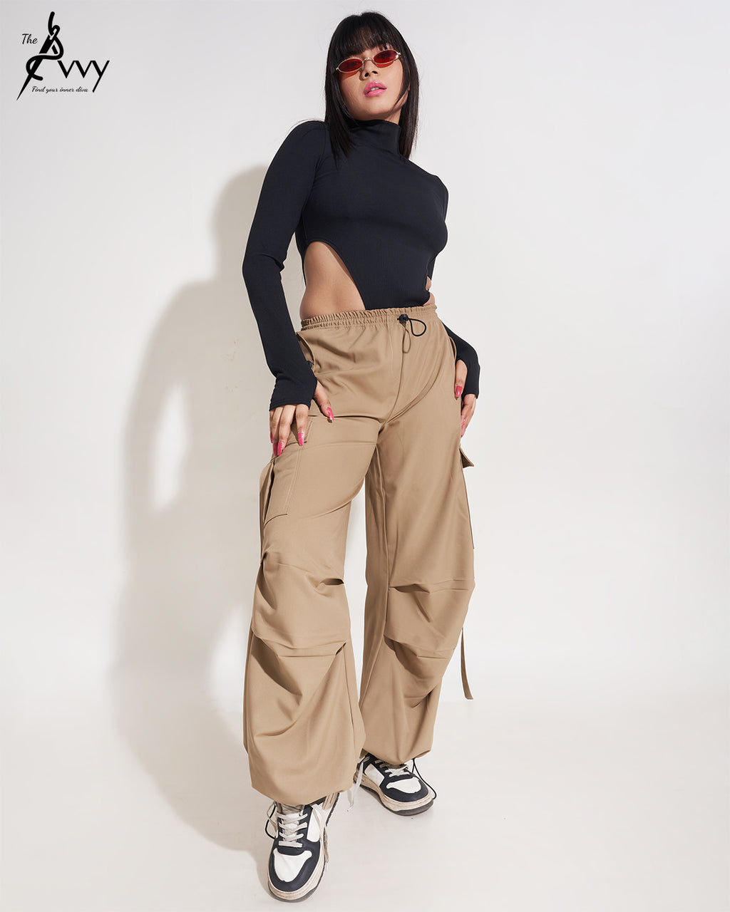 Street 90S Raelynn Drawstring Waist Parachute Cargo Pants Khaki