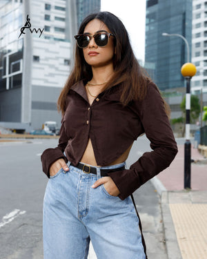 Brunette Corduroy Cropped Casual Long Sleeve Shirt