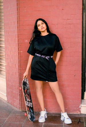 Black Rib Drop Shoulder Belt Tee Dress