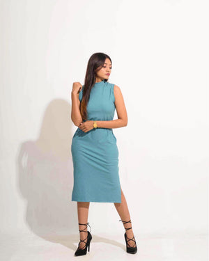 Dusty Teal Mock Neck Slit Dress