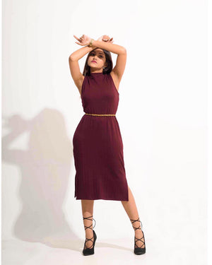 Maroon Mock Neck Slit Dress