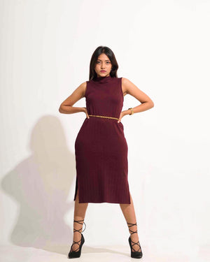 Maroon Mock Neck Slit Dress